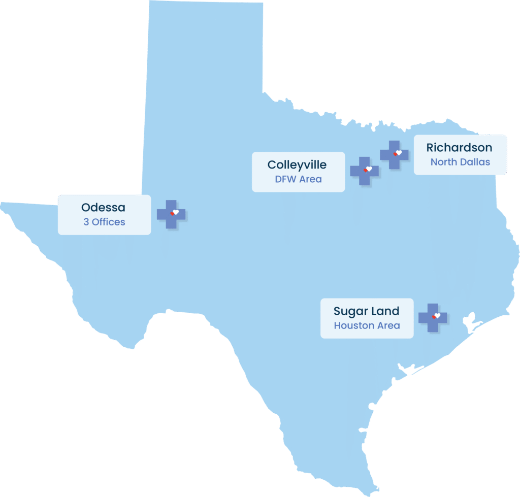 Map of Make You Well clinic locations across Texas, including Colleyville, Richardson, Sugar Land, and Odessa.